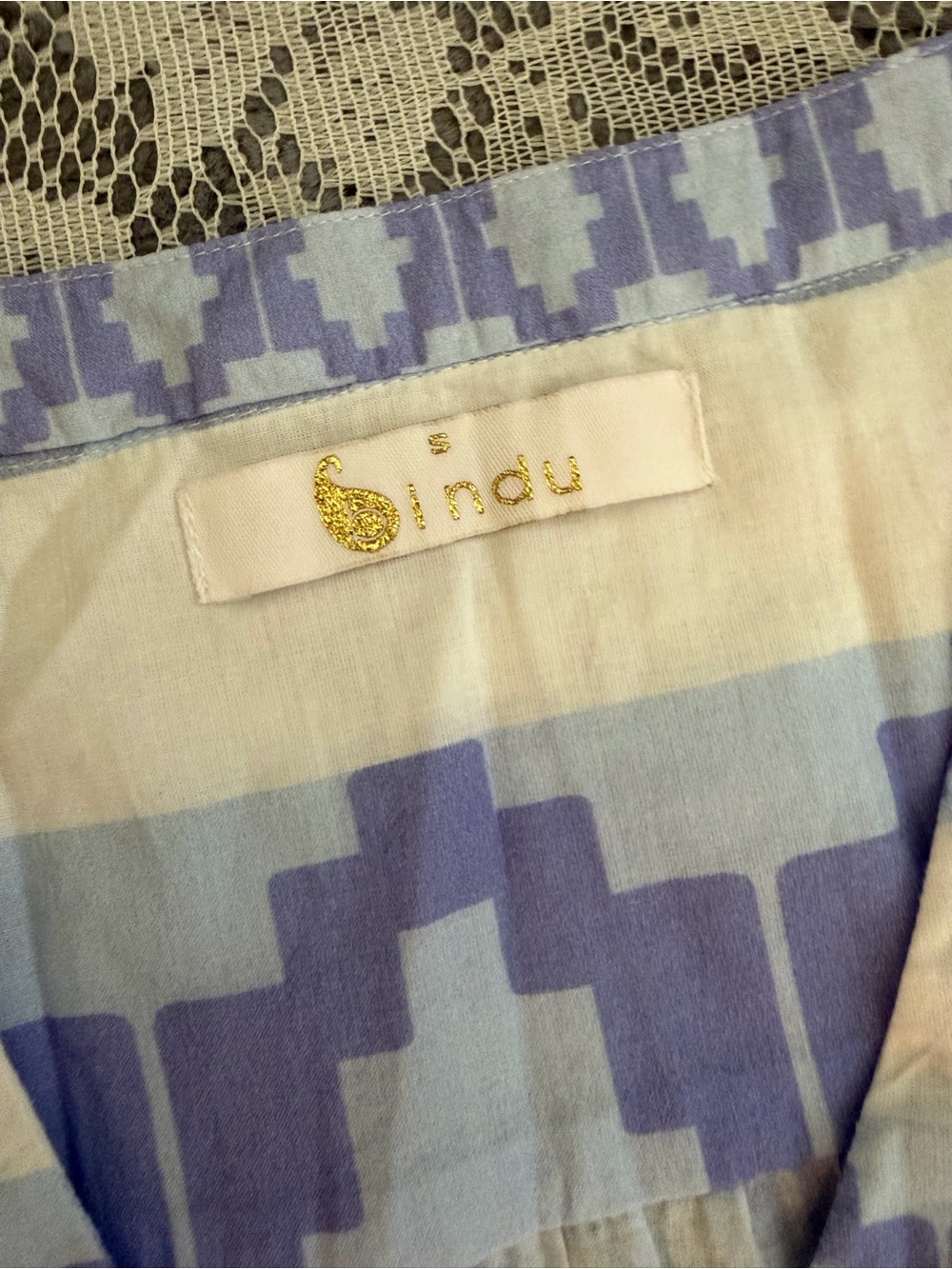 Bindu Cotton Blue & White Geometric Print Tiered Ruffled Bell Sleeves Mini Dress - Picture 7 of 9